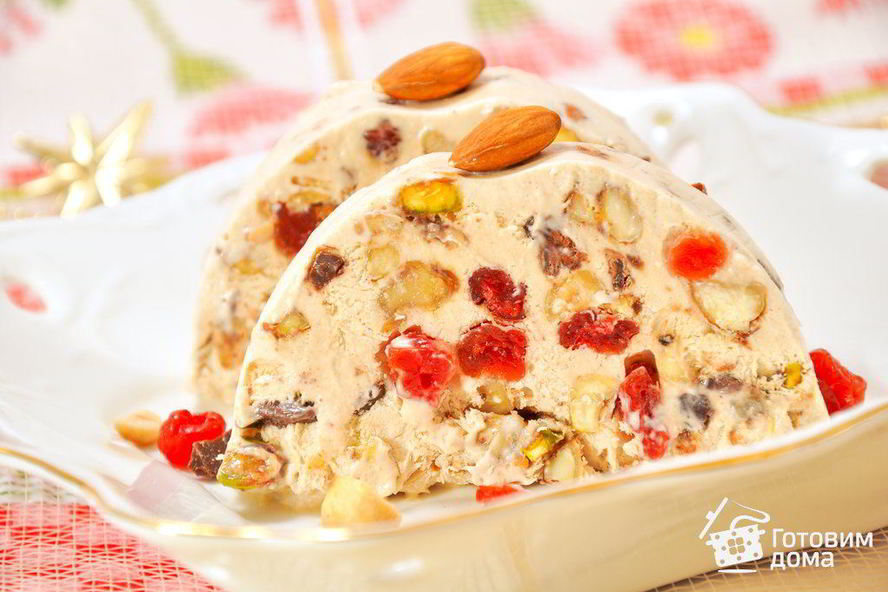 Рецепт десерта-мороженого с орехами, вяленой вишней и шоколадом