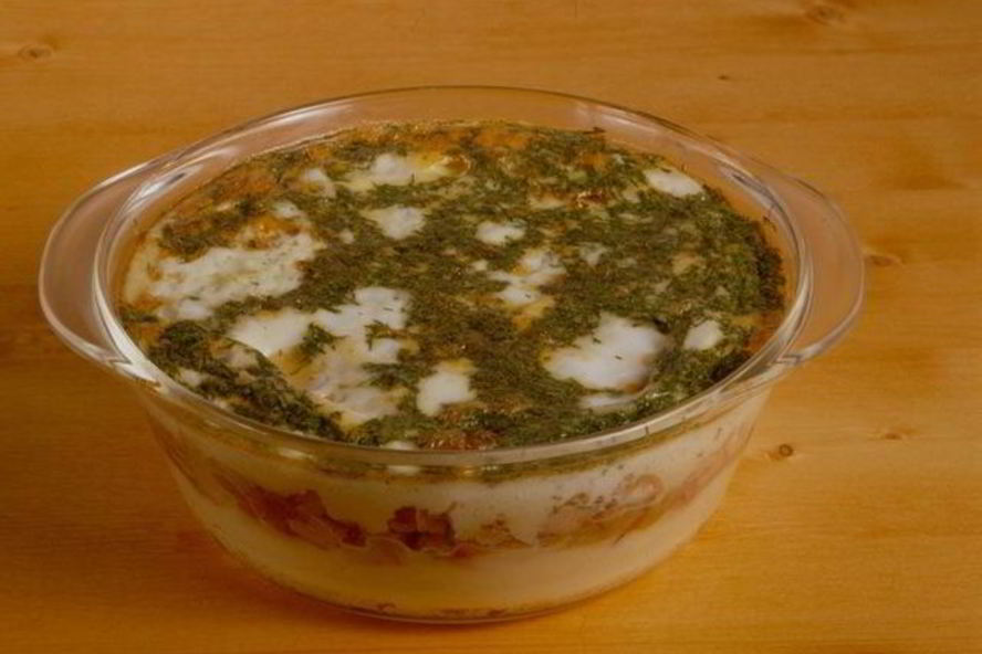 Рецепт картофельного пюре запеченого с окороком и грибами