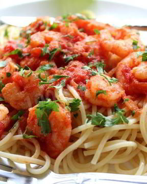 Паста Спагетти с креветками и помидорами