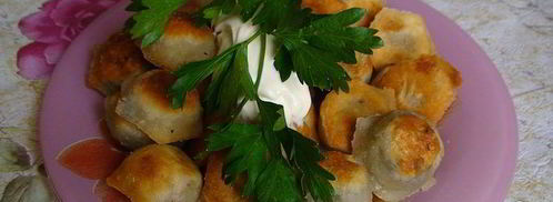 жареные пельмени с грибами из заварного теста. Шаг 5