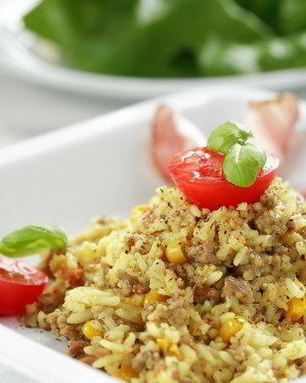 Ризотто с беконом, базиликом и жареными томатами