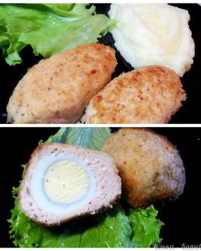 Куриные зразы с яйцом и луком и Шотландское яйцо