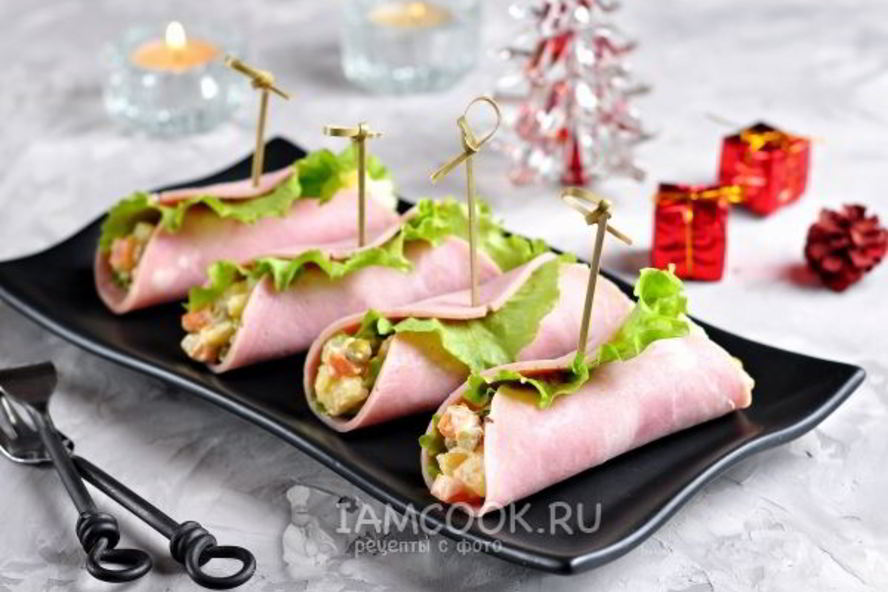 Рецепт салата-закуски оливье в ветчине