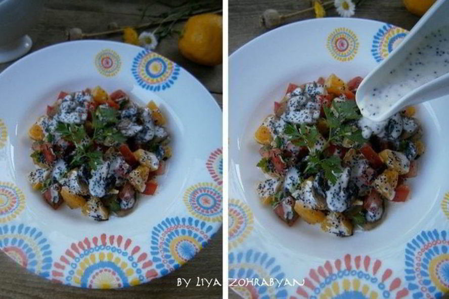 Рецепт салата с апельсином, грибами, помидором и маковым соусом