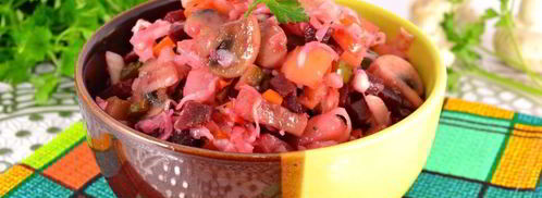 винегрет с жареными шампиньонами и квашеной капустой. Шаг 7