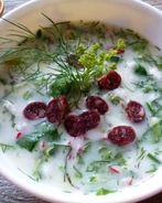 Окрошка на айране с охотничьими колбасками