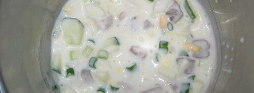 окрошка на кефире с овощами, перепелиными яйцами и мясом. Шаг 6