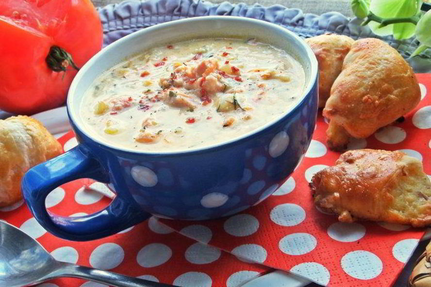 Рецепт сырного супа с лососем и рисом