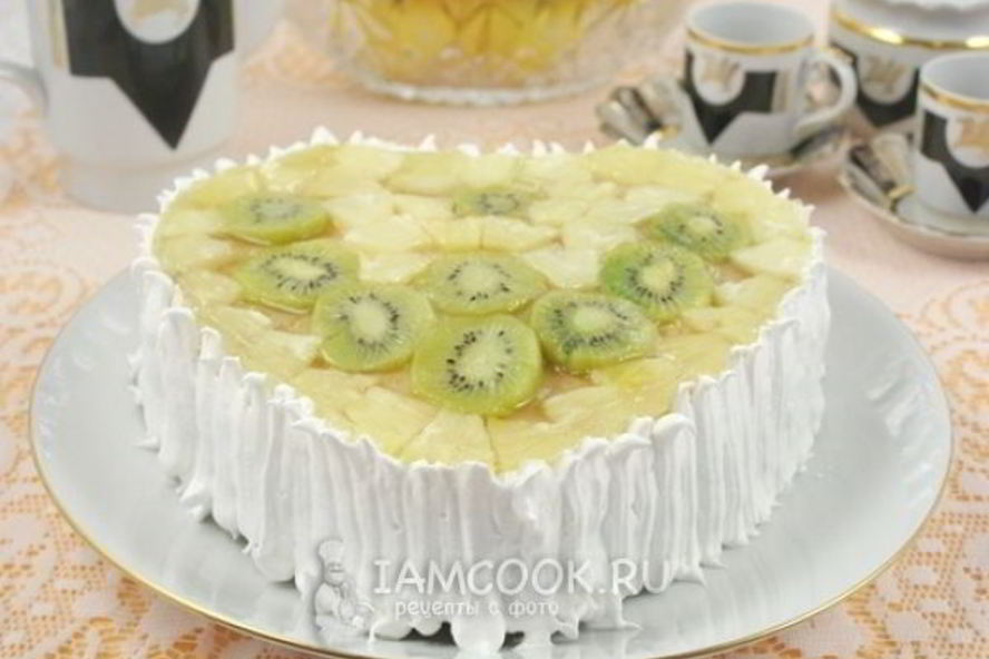 Рецепт торта бисквитного с фруктами, желе и йогуртом