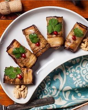 Рулетики из баклажана с ореховой пастой и аджикой