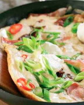 Яичница с шампиньонами, колбасками и сыром